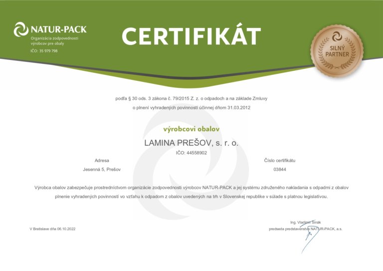 Certifikát Nature-Pack Environmentálne zodpovedný výrobca LAMINA PREŠOV