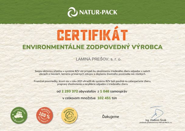 Certifikát Nature-Pack Environmentálne zodpovedný výrobca LAMINA PREŠOV