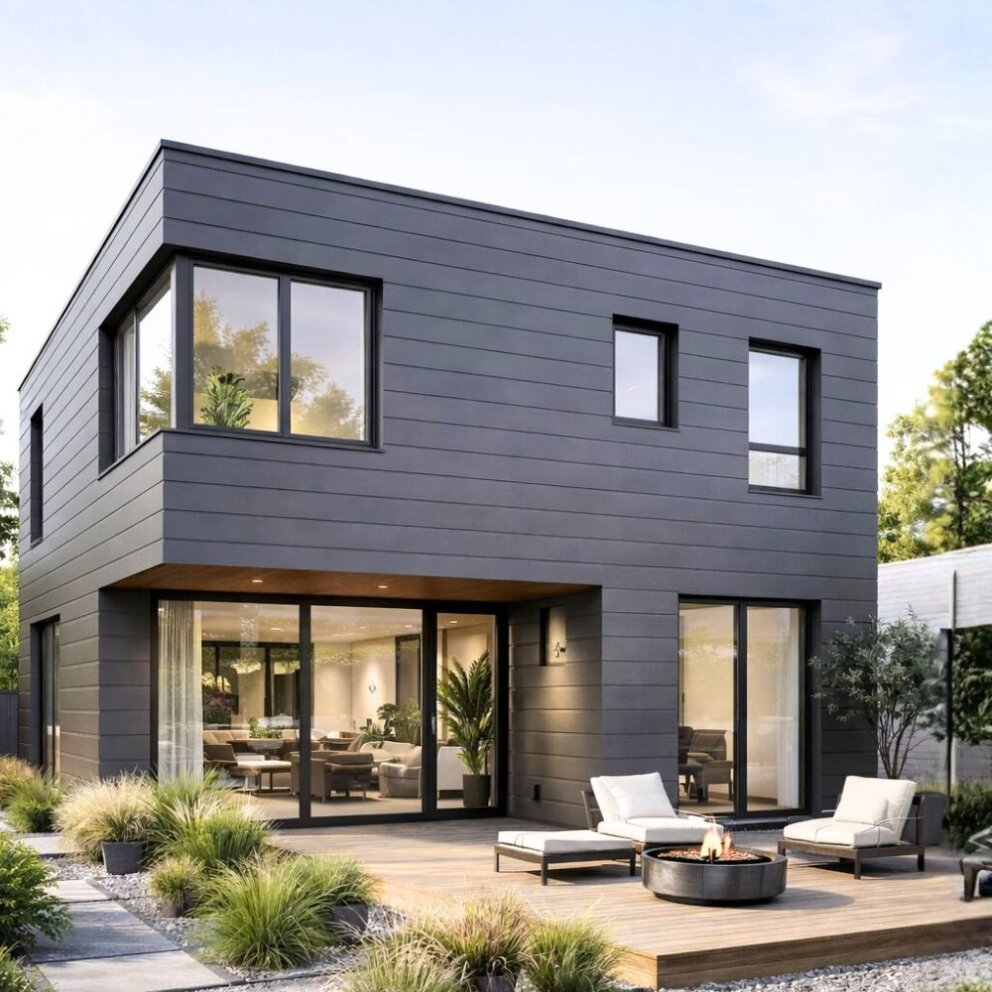 Sofit panel plechová fasáda na modernom dome v tvare kocka s plochou strechou